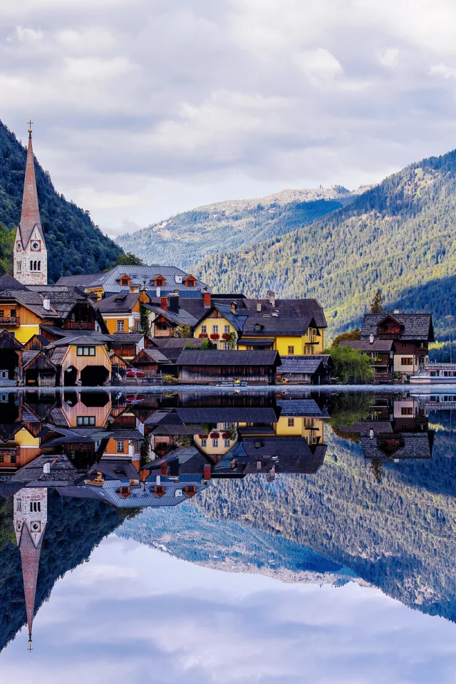 Hallstatt, Austria, Alps, Гальштат, Австрия, озеро, Альпы, горы, дома, леса, облака, отражение