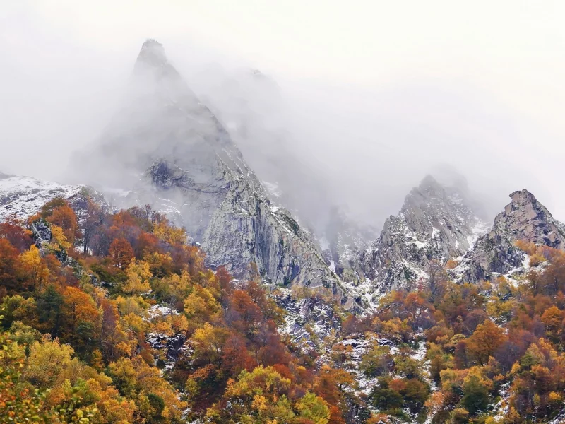 осень, горы, вершина, пик, вид, деревья, багрянец, красиво