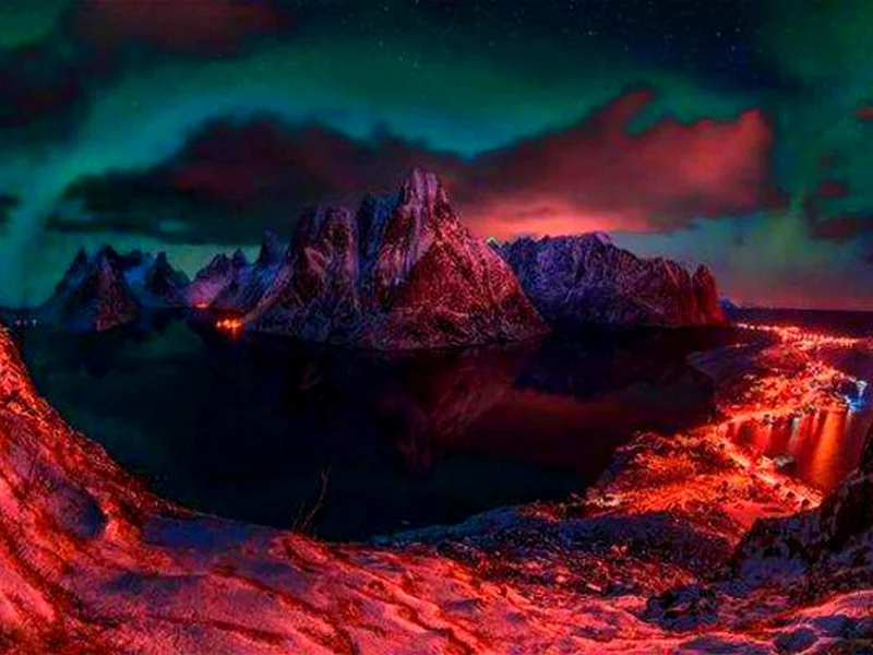 горы, озеро, северное сияние