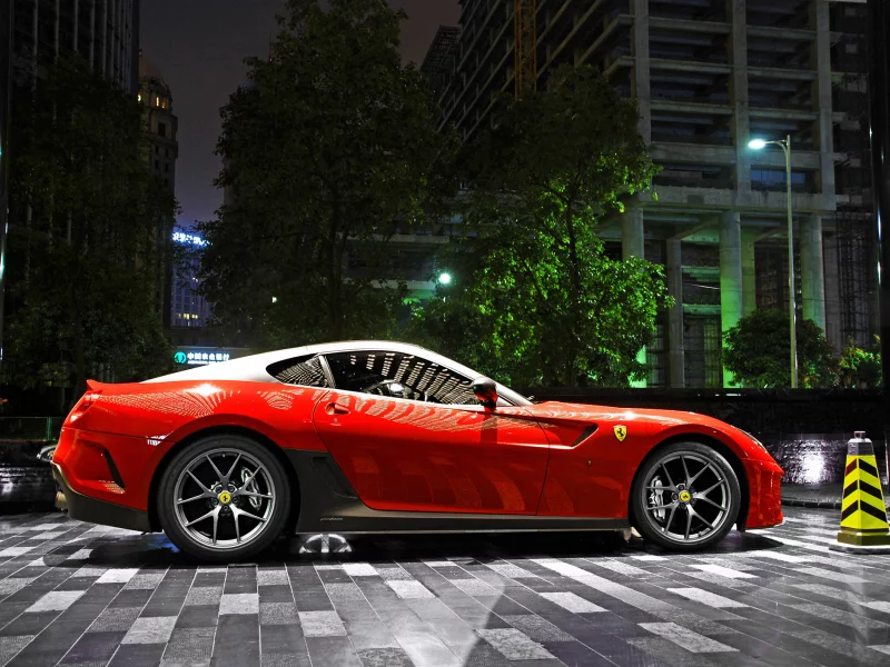 parking, red, 599, light, night, ferrari, building, gto, city, supercar
