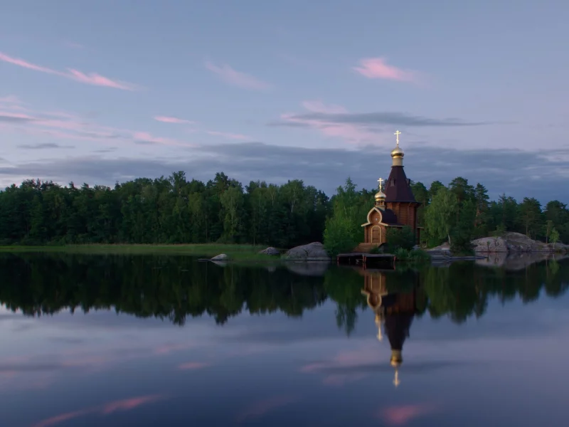 лето, вуокса, храм, вечер, заря, закат
