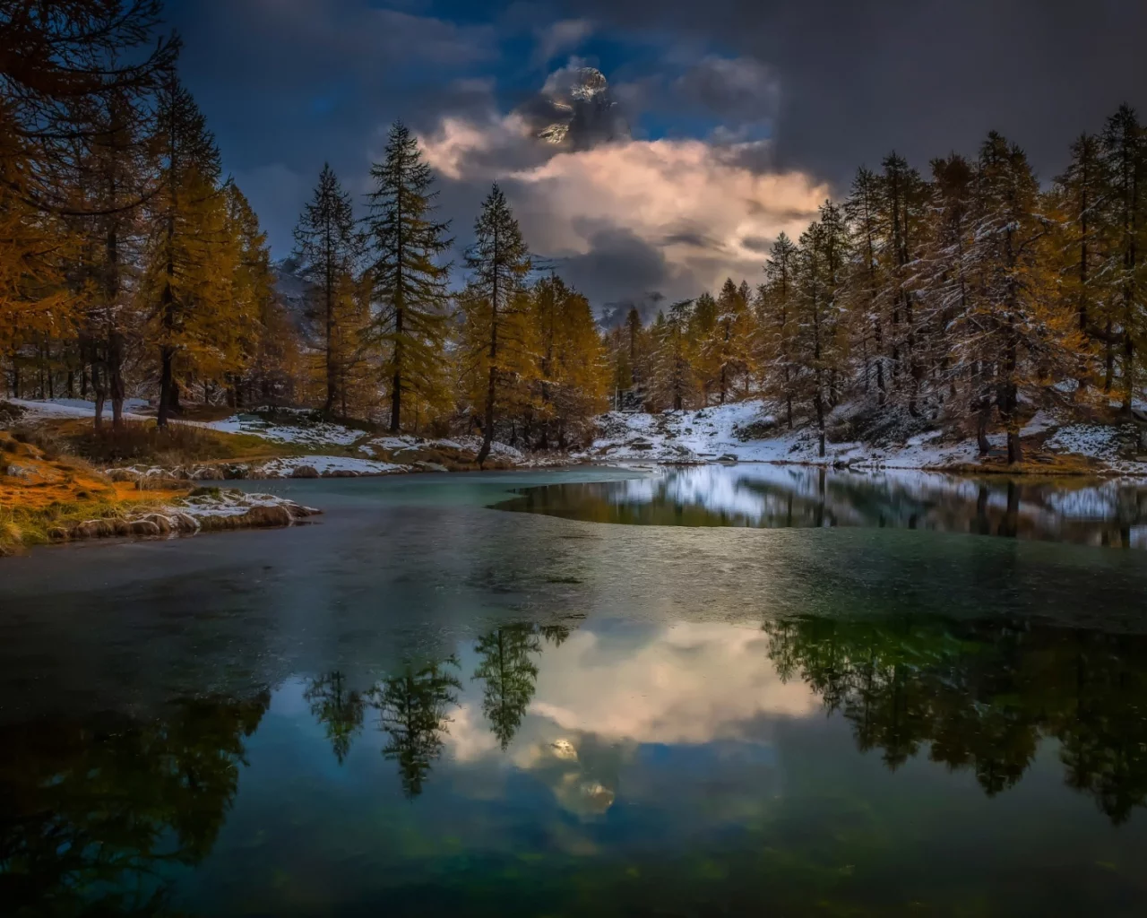 осень, река, горы, облака