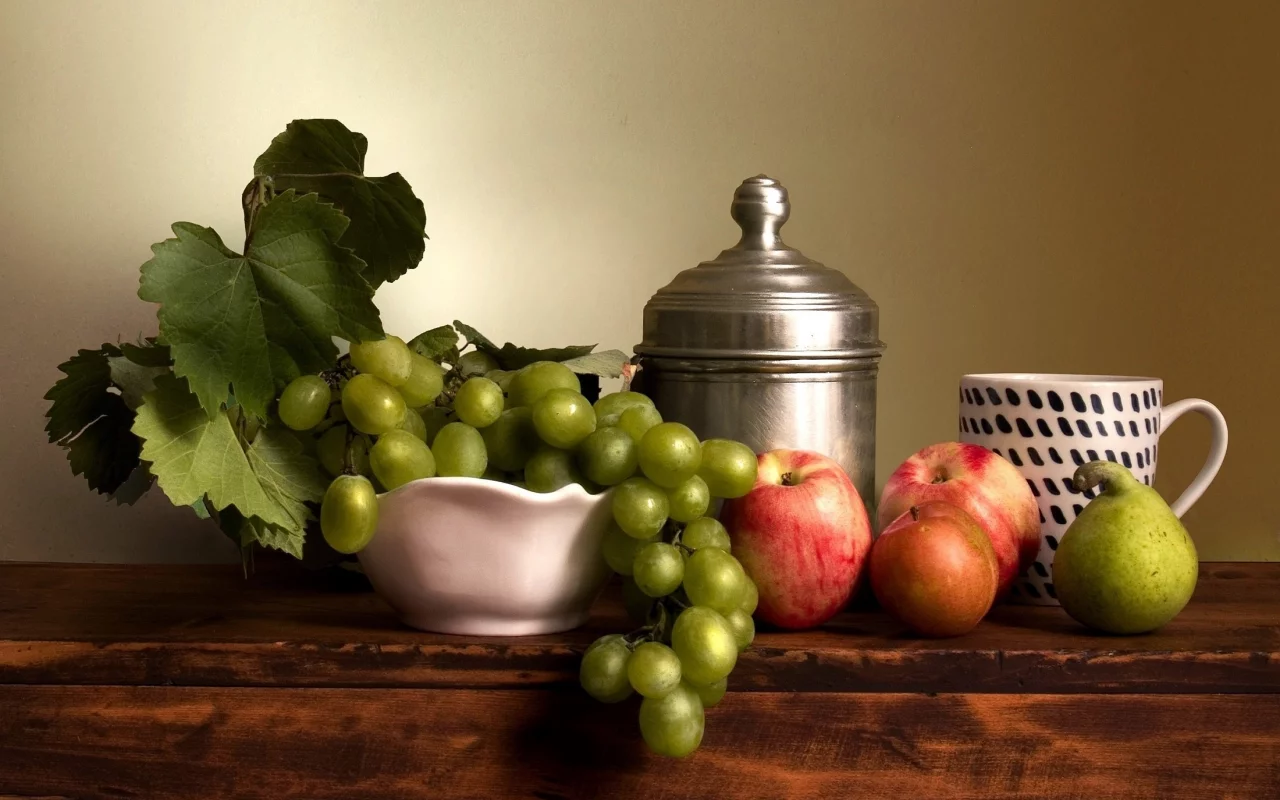 mug, grapes, leaves, still life, food, vase, apples, fruits, green