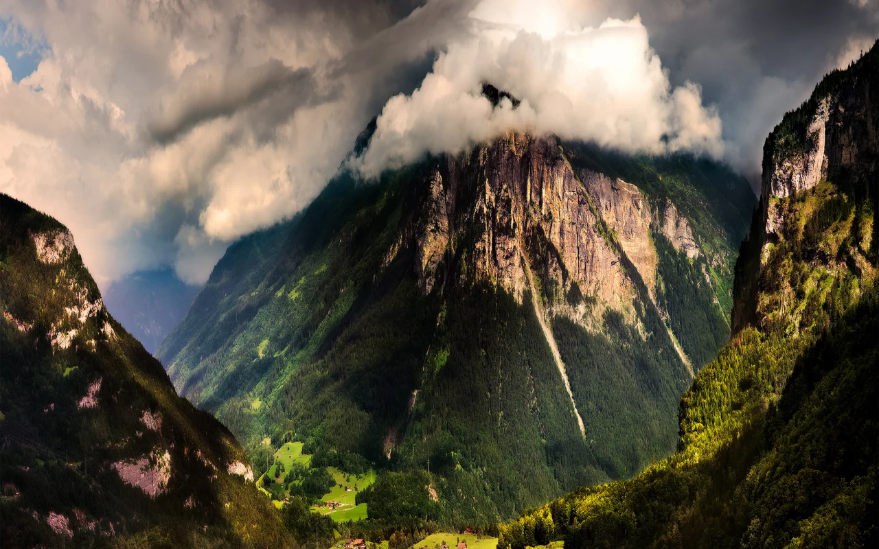 долина, switzerland, швейцария, лес, горы, вид, ущелье, дома