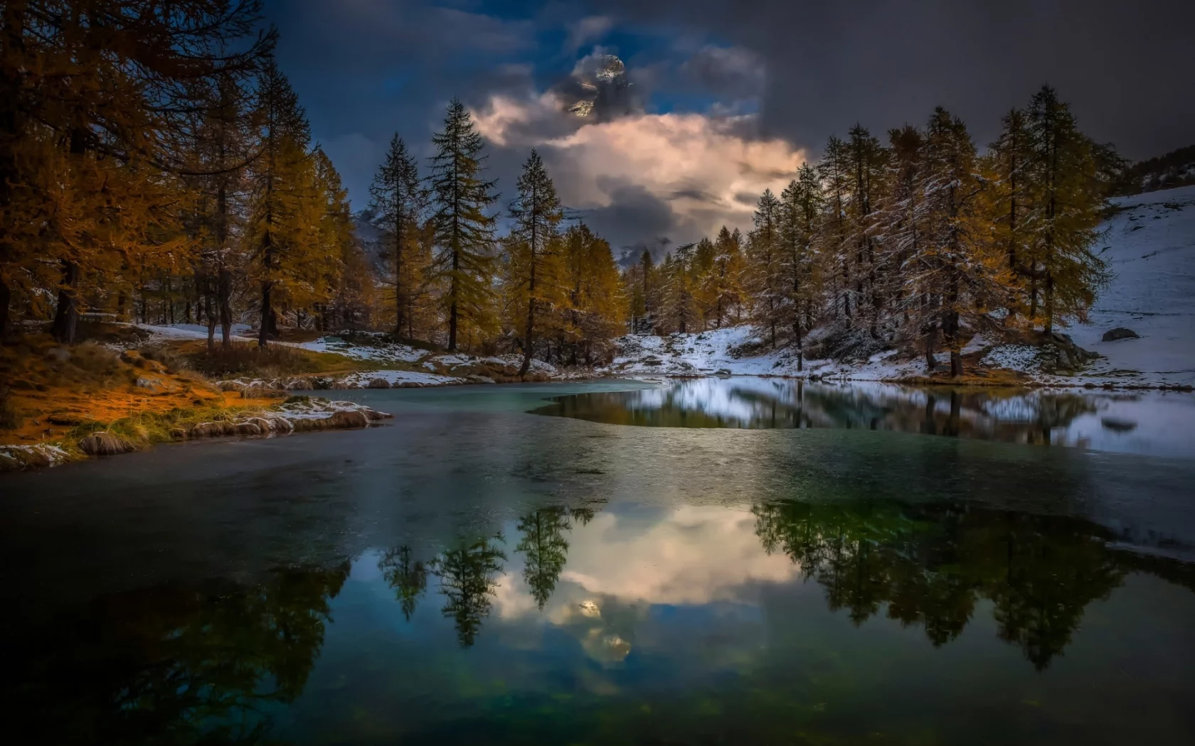 осень, река, горы, облака