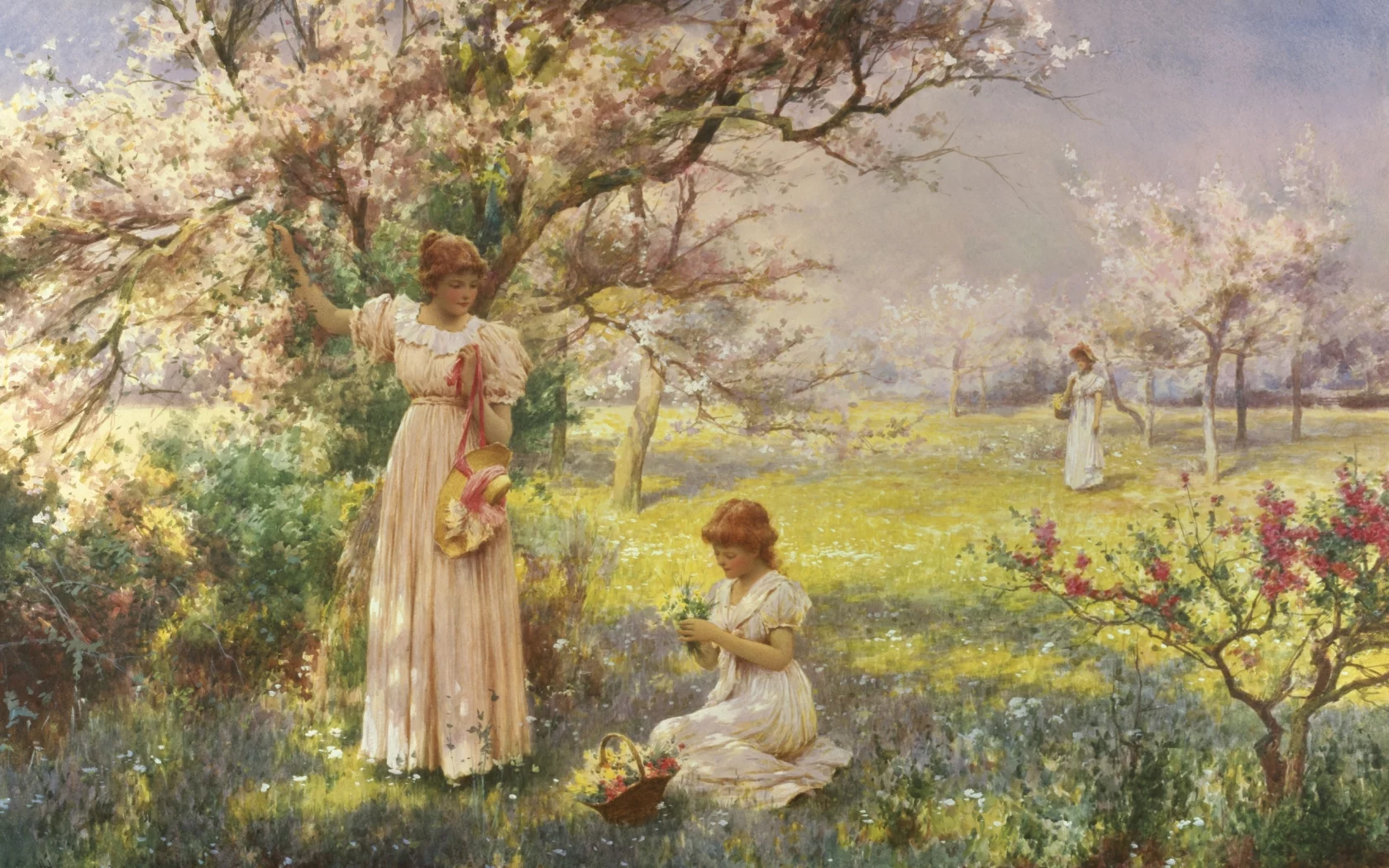 cherry, прогулка, picking flowers, blossoms, garden, spring, girl, весна, цветы