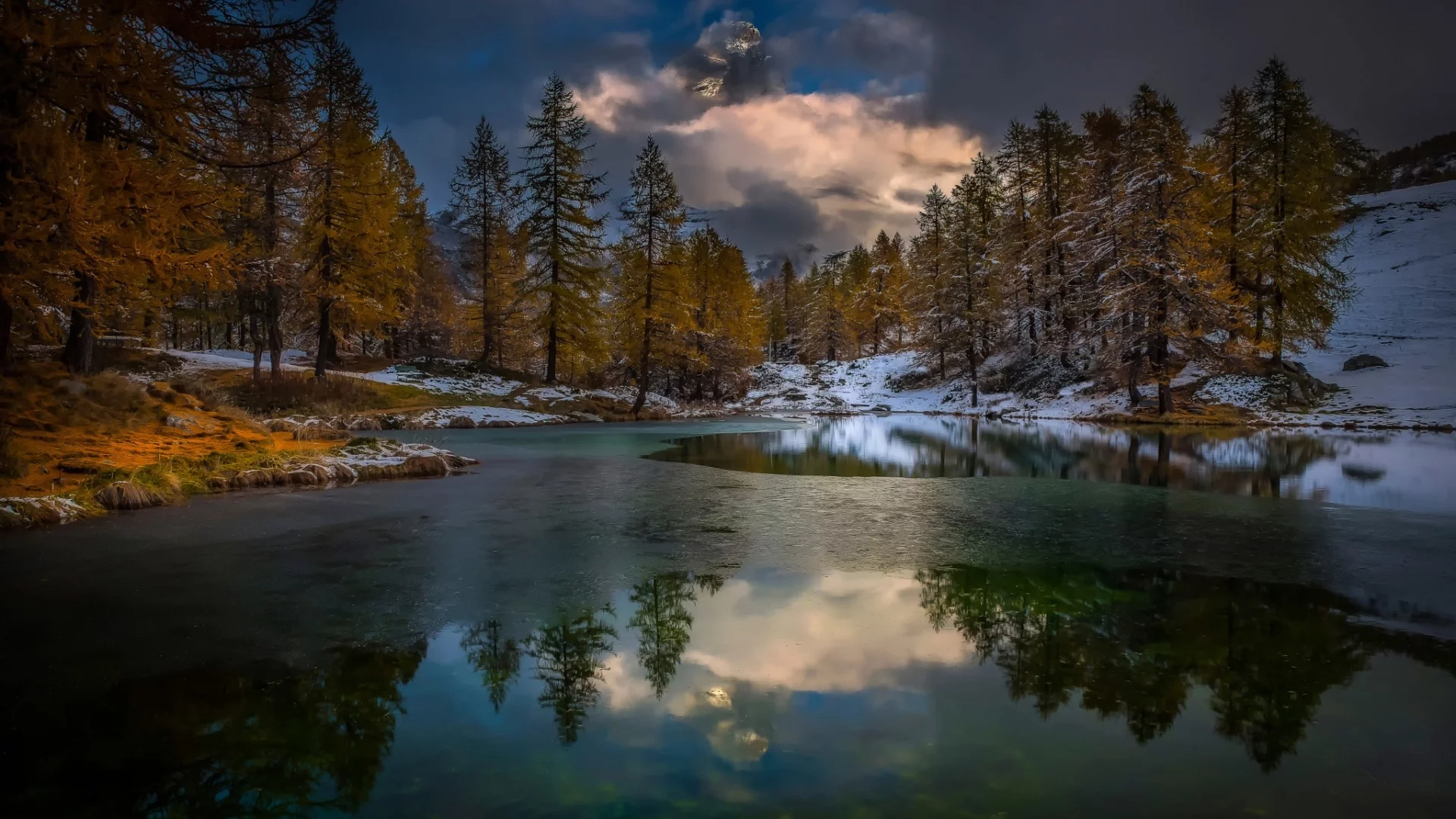 осень, река, горы, облака