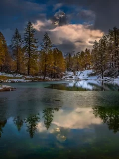 осень, река, горы, облака