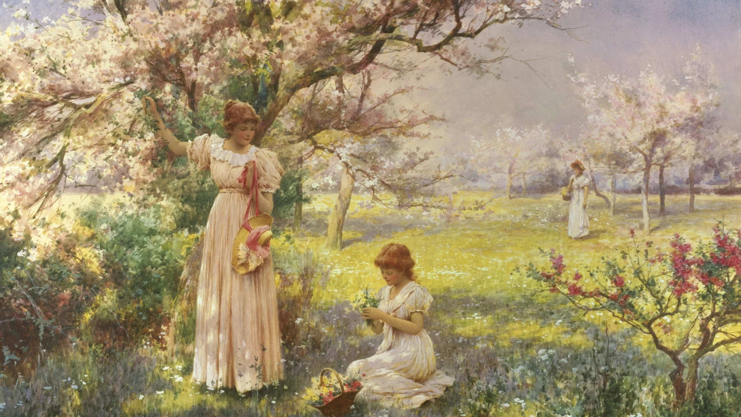cherry, прогулка, picking flowers, blossoms, garden, spring, girl, весна, цветы