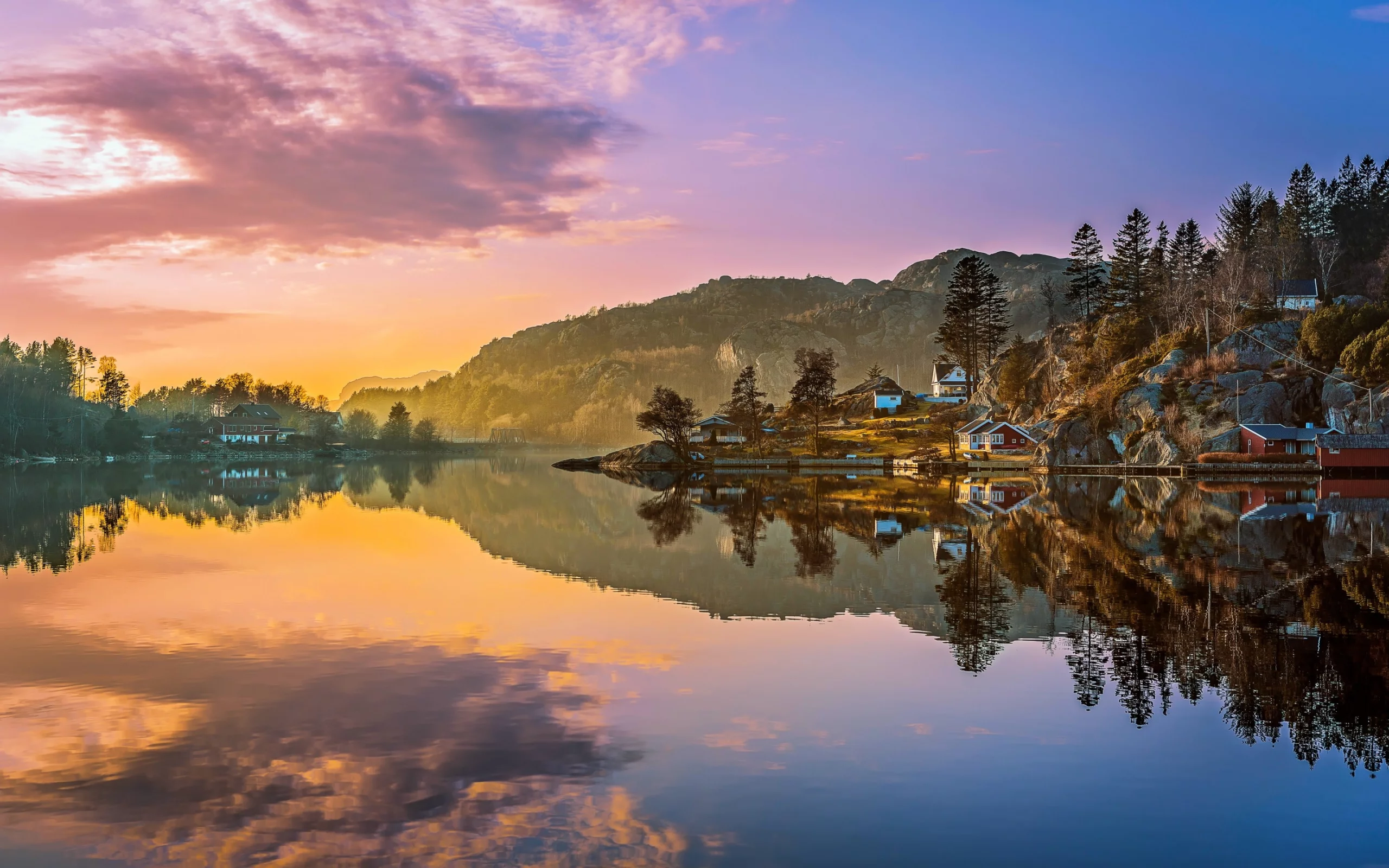 пейзаж, панорама, домики, природа, облака, закат