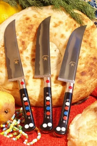 натюр., турецкий, хлеб, фрукты, виноград, ножи