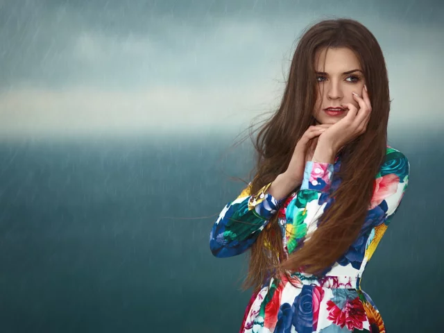фон, девушка, позирует, глаза, взгляд, платье