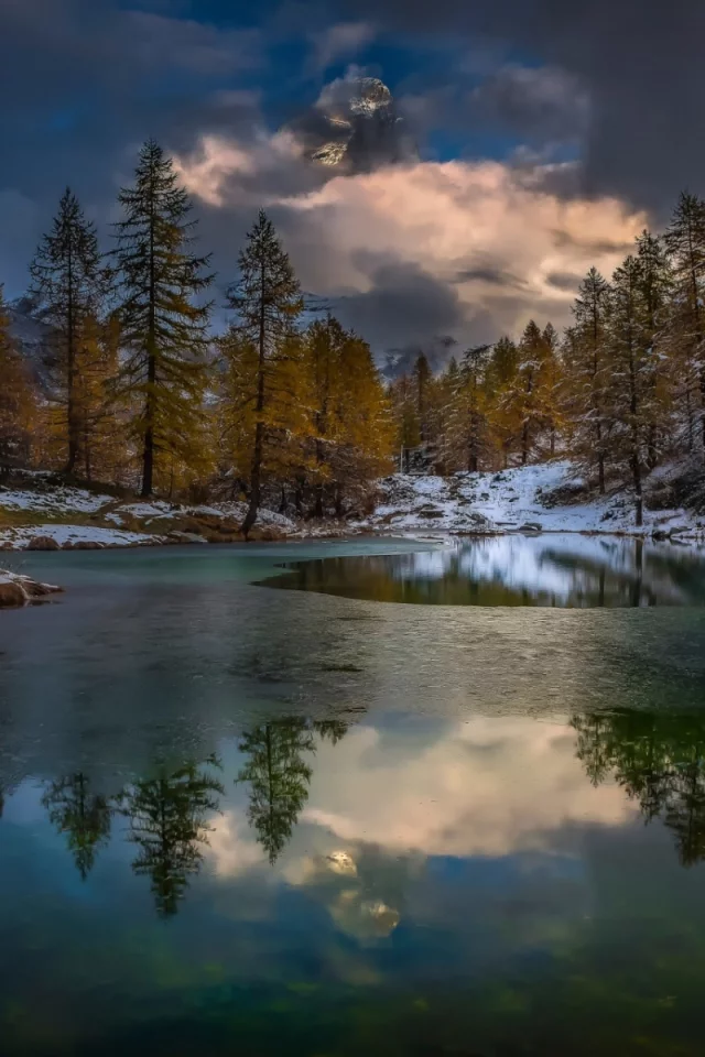 осень, река, горы, облака