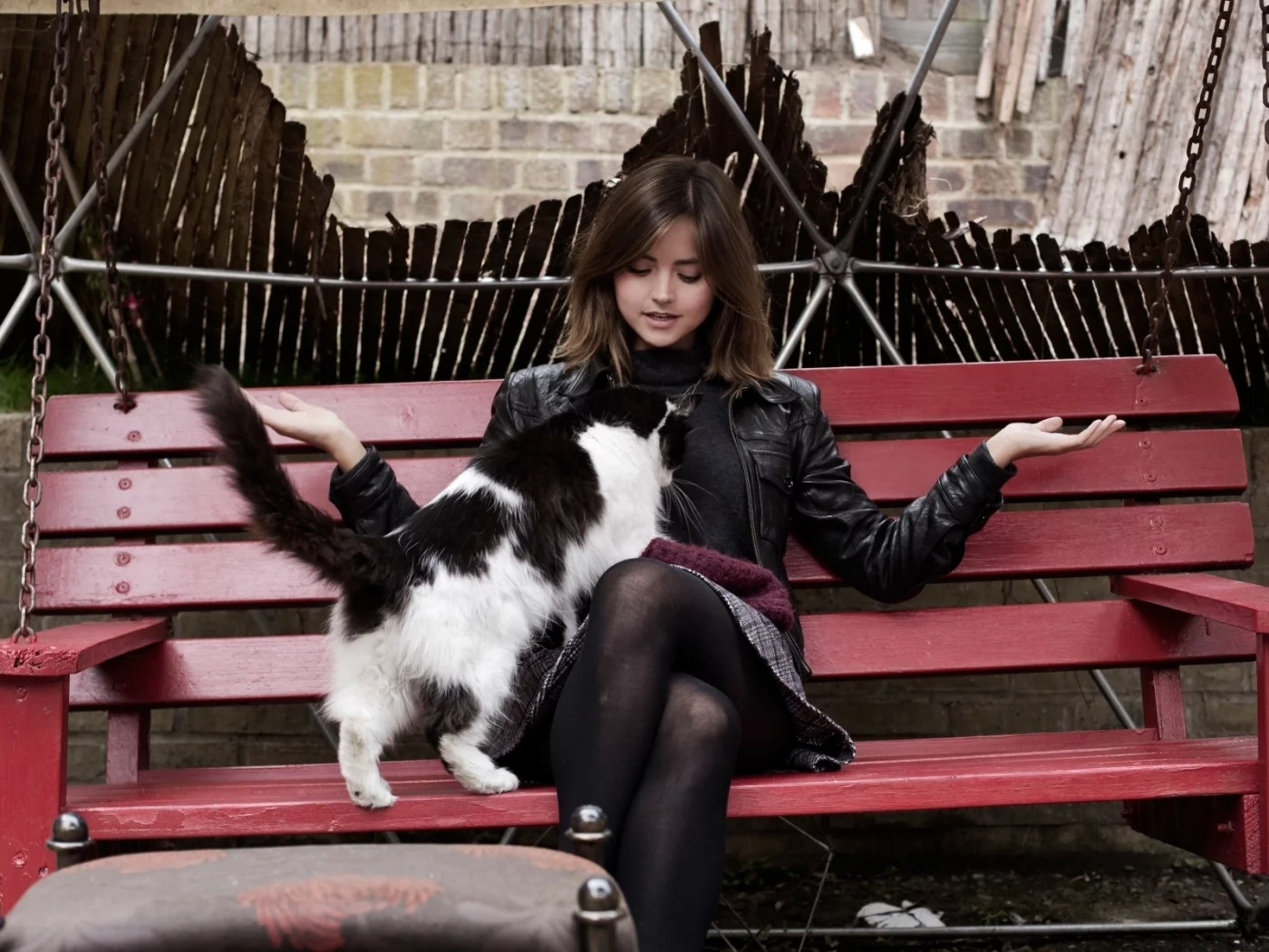 девушка, качели, кошка, скамейка, куртка, кот, сидит, брюнетка, хвост