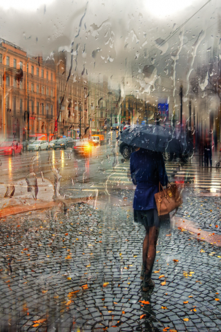 осень, город, улица, дождь, девушка, зонтик