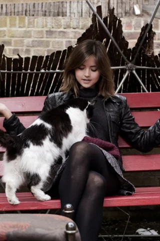 девушка, качели, кошка, скамейка, куртка, кот, сидит, брюнетка, хвост