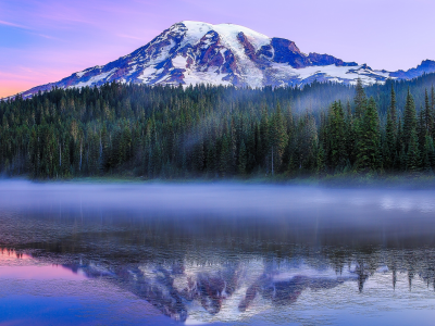 Reflection Lake, Mount Rainier, Mount Rainier National Park, Paradise, Washington, гора Рейнир, Национальный парк Маунт-Рейнир, Вашингтон, озеро, гора, стратовулкан, лес, отражение, утро