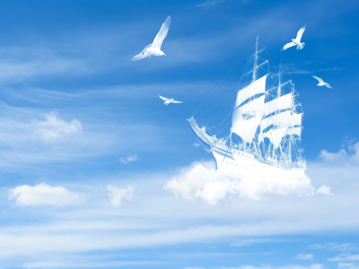 птицы, судно, пейзаж, корабль, птица, облака, небо, яхта