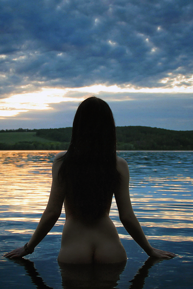 озеро, лето, вечер, девушка, в воде, спиной