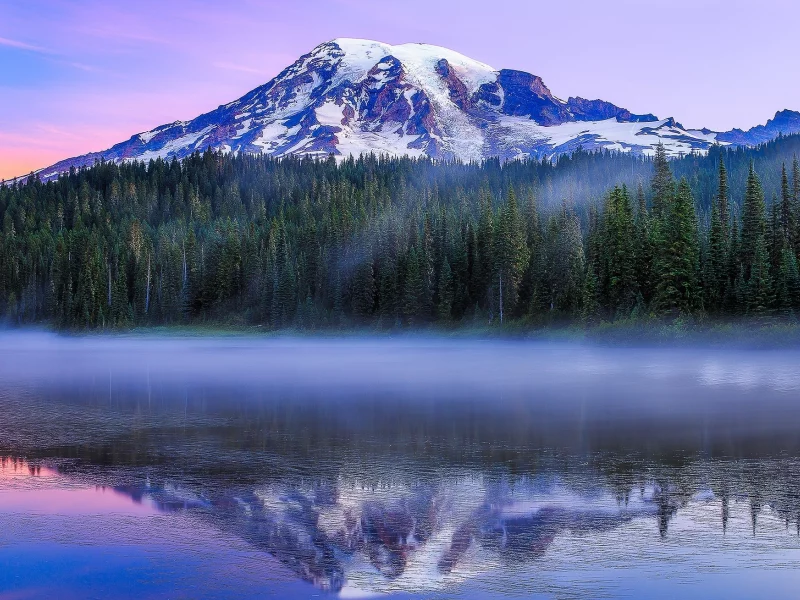 Reflection Lake, Mount Rainier, Mount Rainier National Park, Paradise, Washington, гора Рейнир, Национальный парк Маунт-Рейнир, Вашингтон, озеро, гора, стратовулкан, лес, отражение, утро