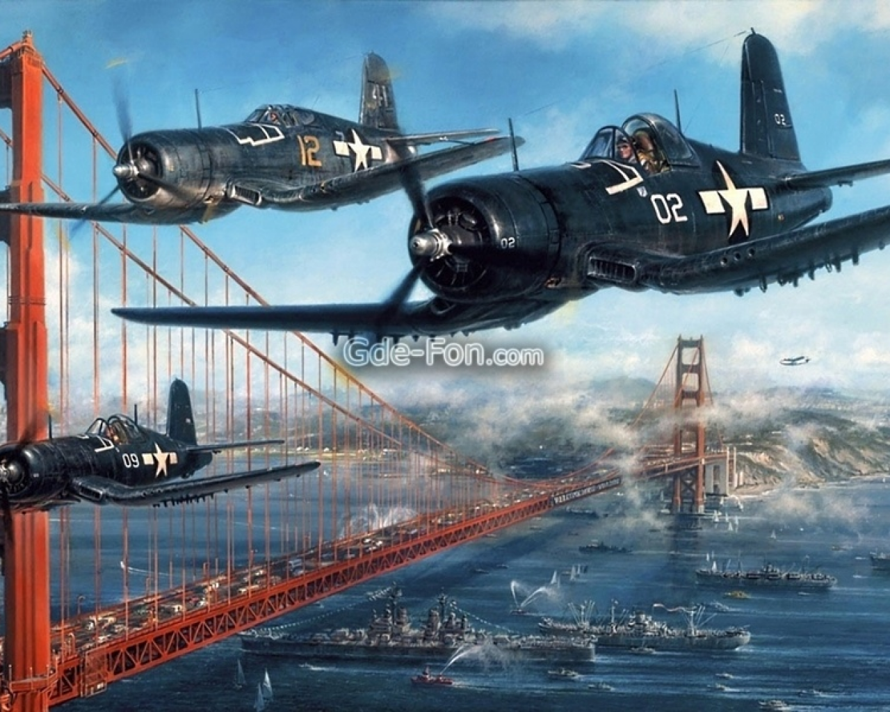 ВВС США, палубный истребитель, самолет, рисунок, пролив, мост золотые ворота, корабли