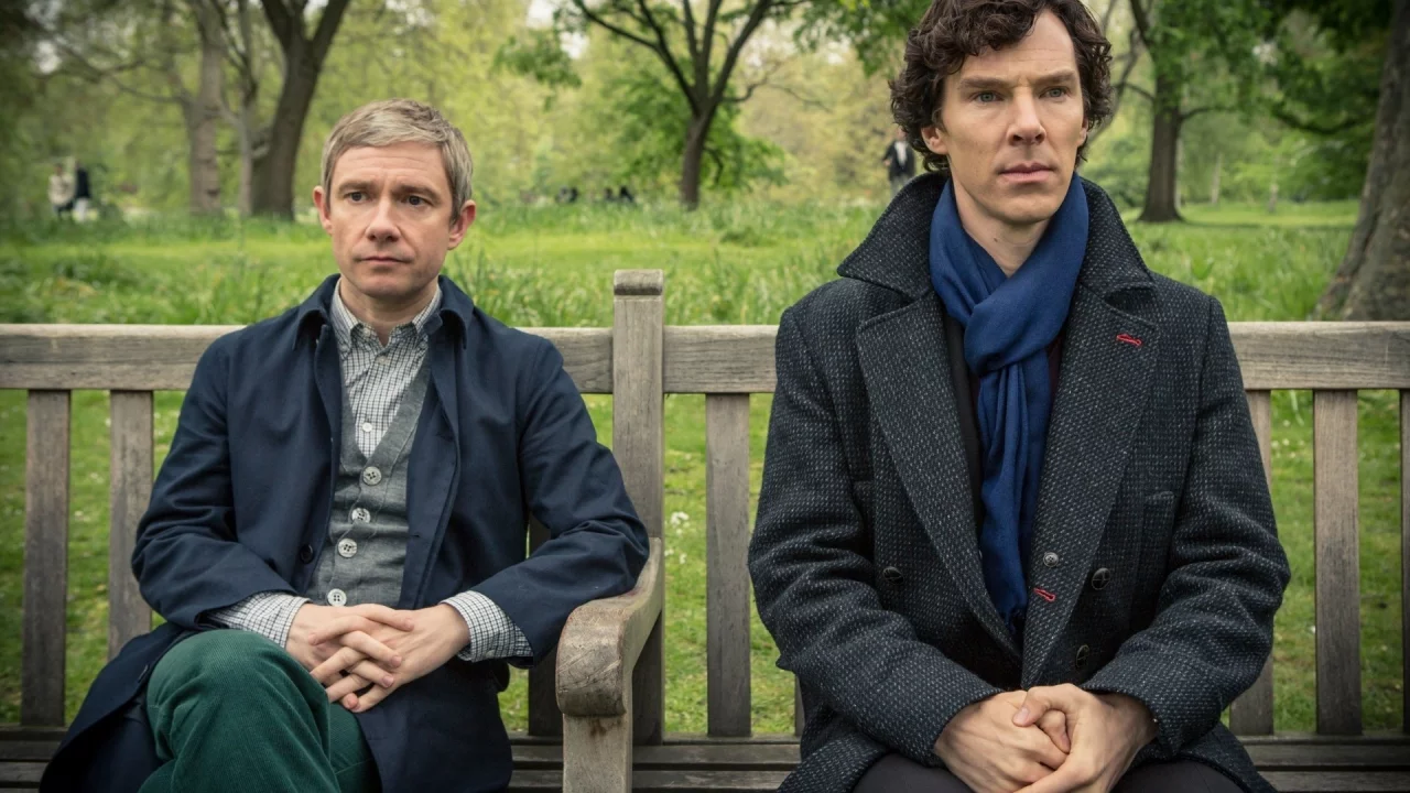herlock, шерлок, шерлок хомс, телесериал, сериал, бенедикт, камбербэтч, мартин фримен, доктор, ватсон, скамейка, парк, англия, пальто, шарф, bbc