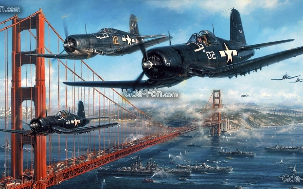 ВВС США, палубный истребитель, самолет, рисунок, пролив, мост золотые ворота, корабли