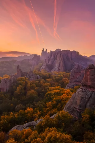 белоградчишки скали, стара планина, балканские горы, болгария, скалы, закат, облака, небо, горы, деревья, лес, пейзаж, природа