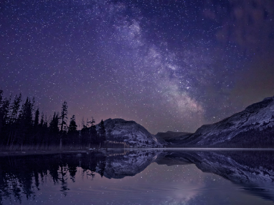 озеро, горы, ночь, млечный путь, отражение, лес, звезды
