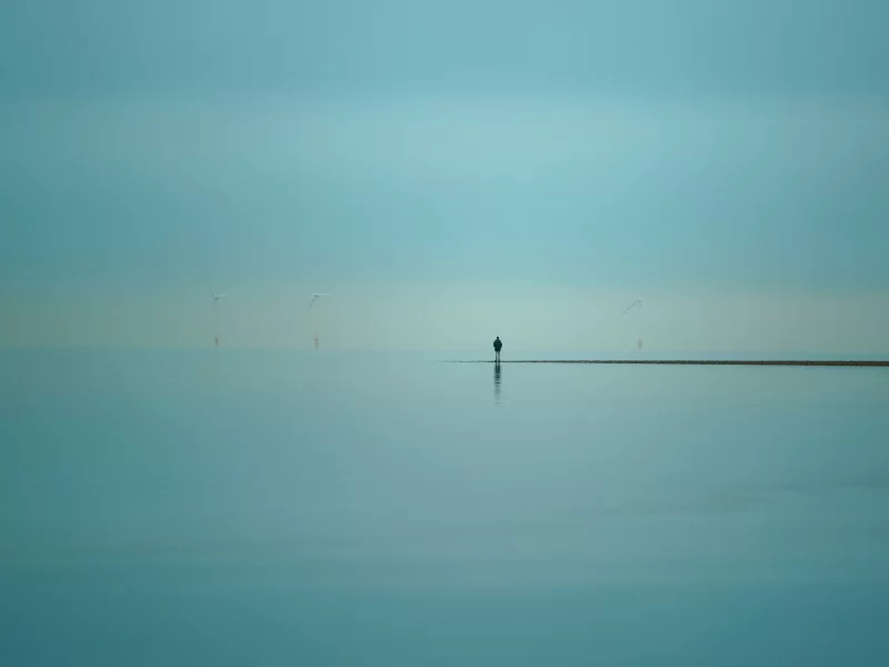 человек, ветряки, море