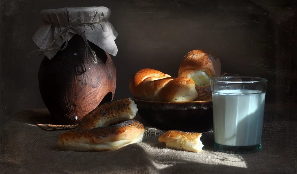 горшок, булочки, молоко, пирожки, еда, напиток, кувшин, стакан, завтрак, еда, баранка, мак