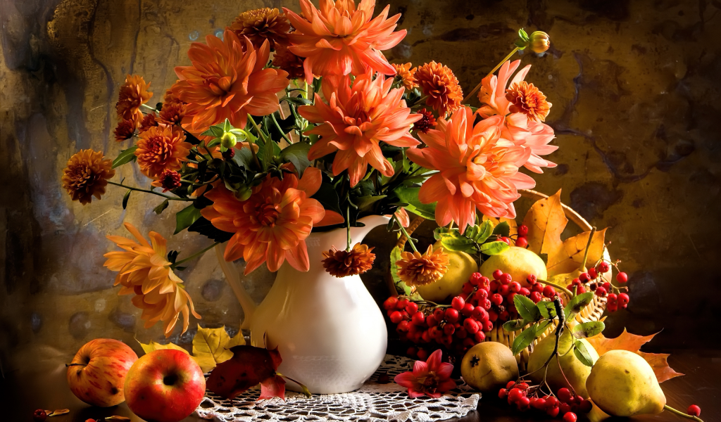 ваза, цветы, георгины, букет, яблоки, груши, рябина, натюрморт, яблоко, груша, фрукт, листья