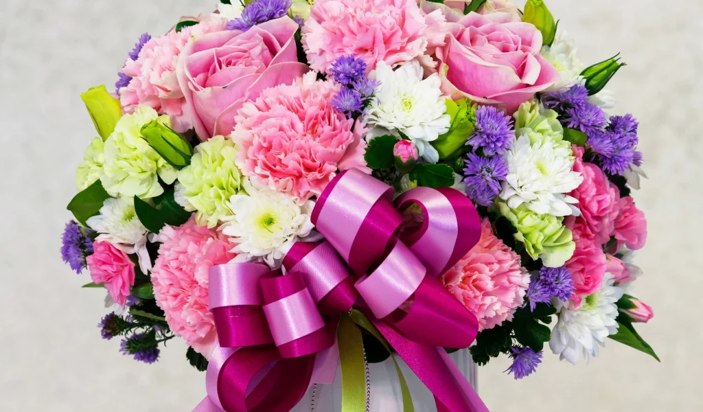 ouquets, oses, воздики, стры, ризантемы, розы, бант, букет