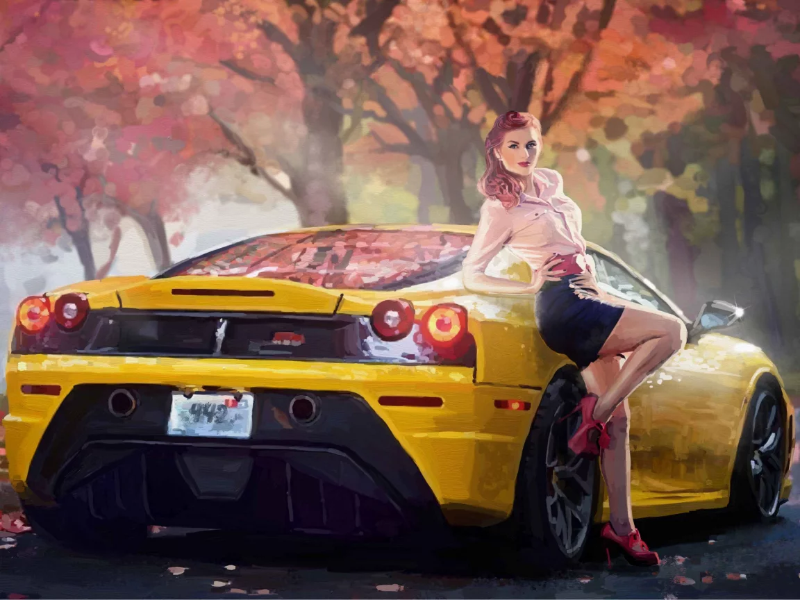 ferrari, арт, желтая, машина, поза, осень, девушка, дорога