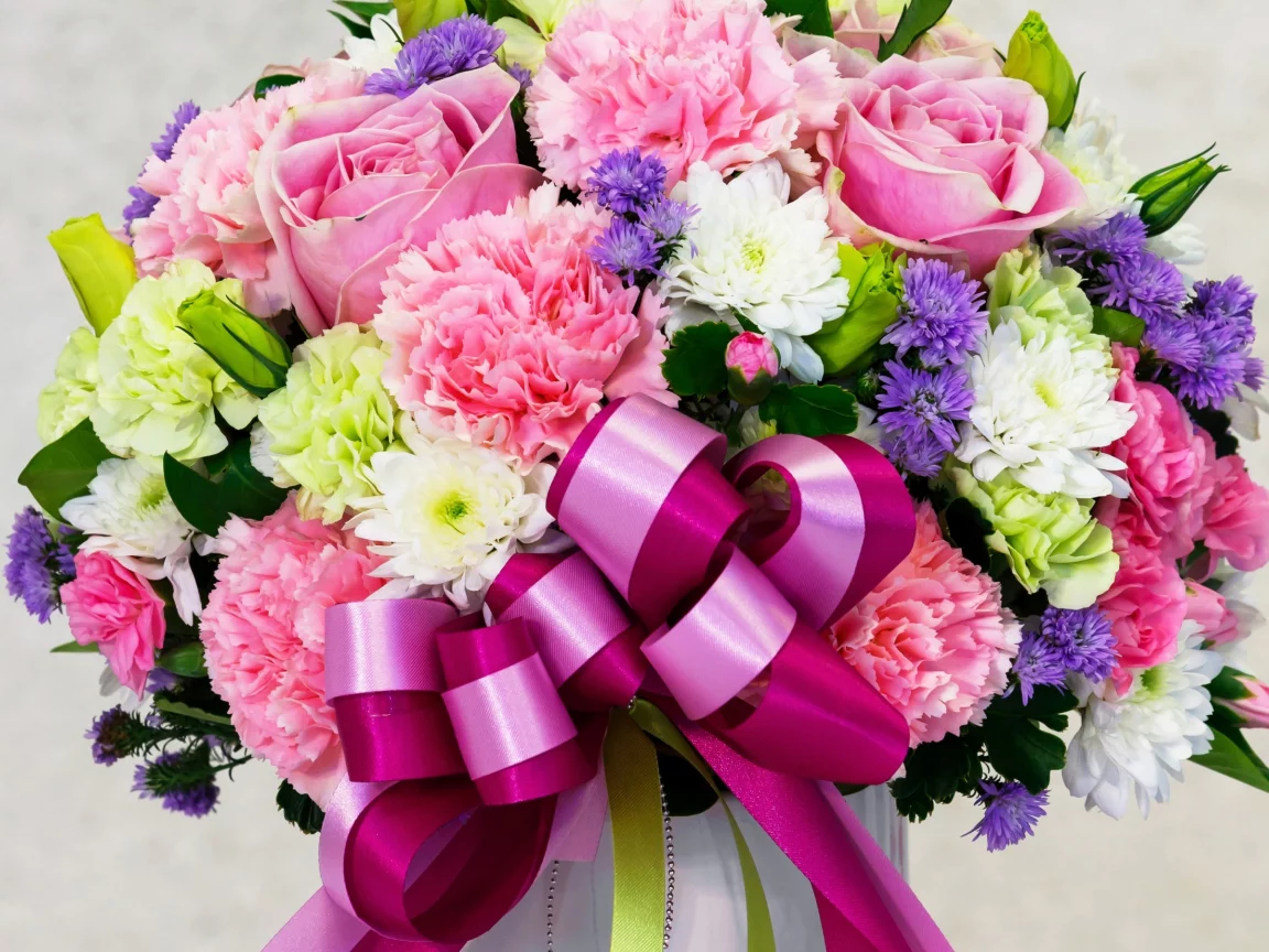 ouquets, oses, воздики, стры, ризантемы, розы, бант, букет