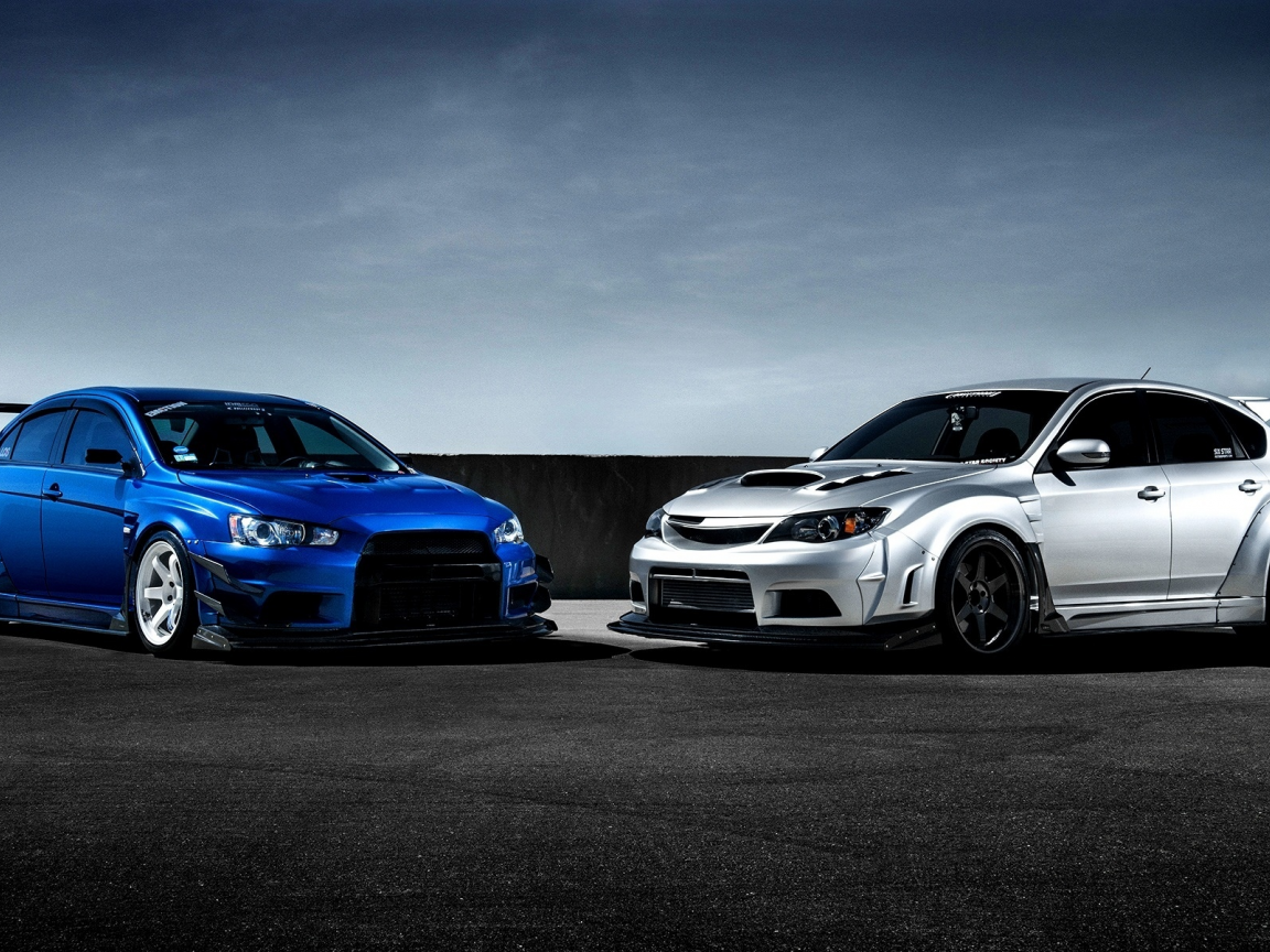 10, x, impreza, mitsubishi, lancer, evolution, blue, front, silvery, subaru, sti, race car