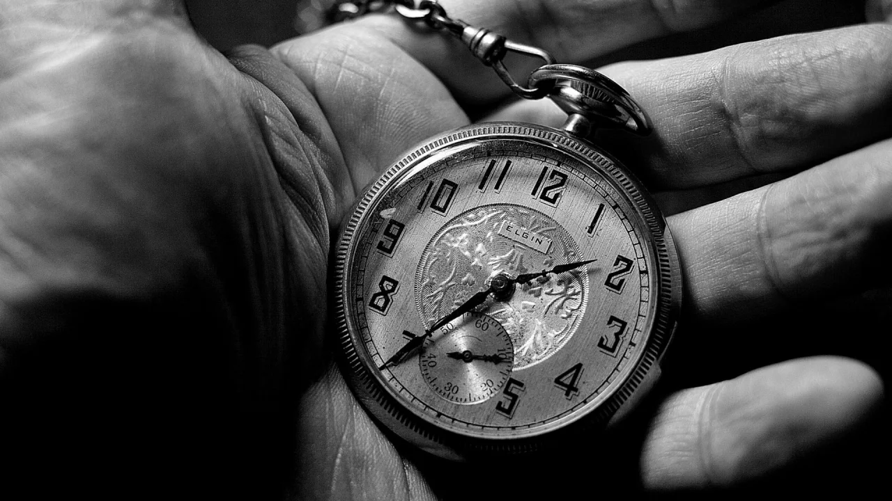 clock, hand, black and white