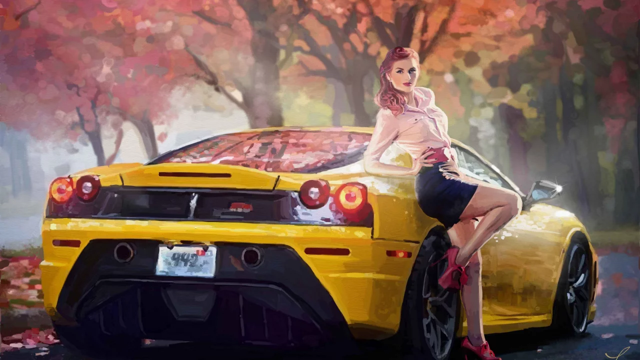 ferrari, арт, желтая, машина, поза, осень, девушка, дорога