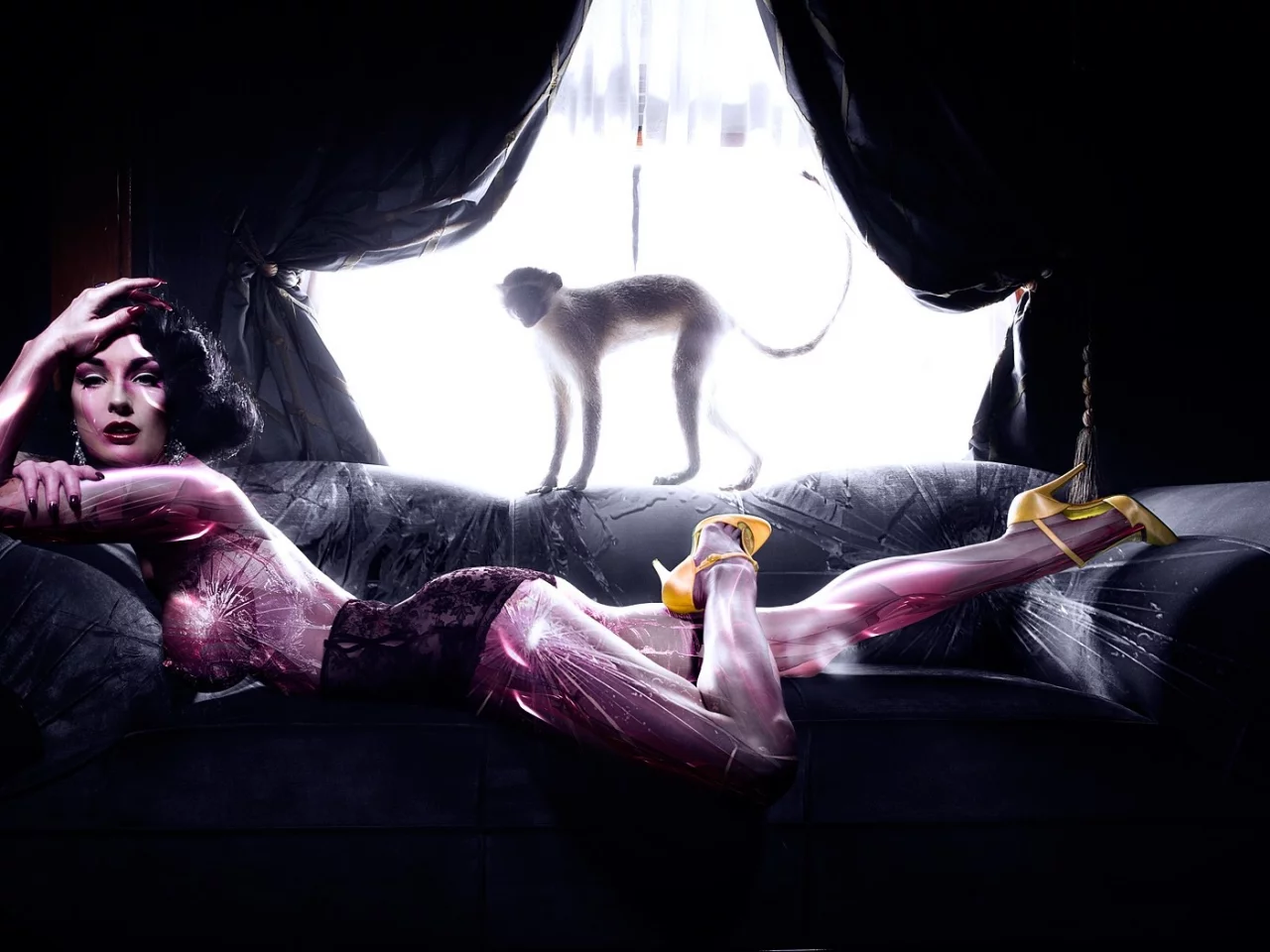 dita von teese, обезьяна, диван, трещины