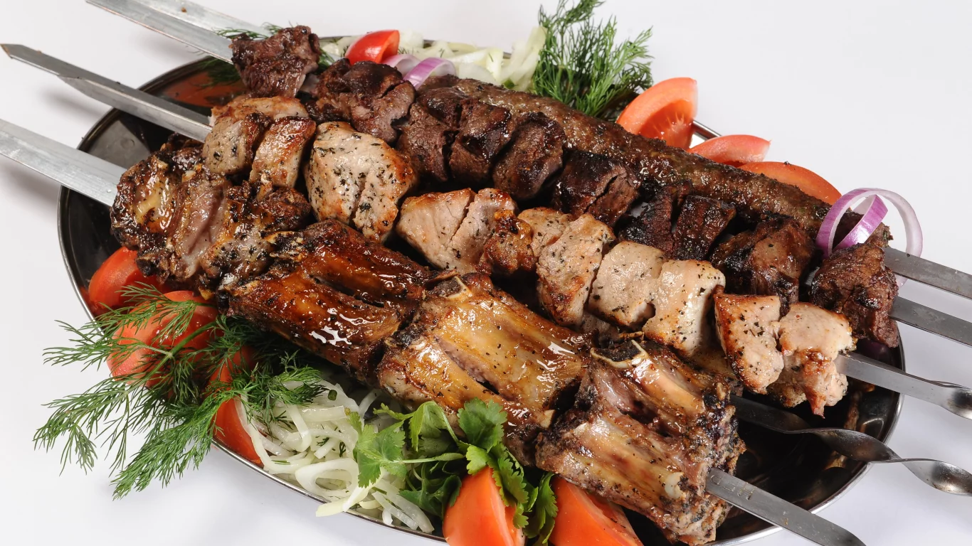 зелень, лук, палки, еда, вкусно, шашлык, , блюдо, мясо