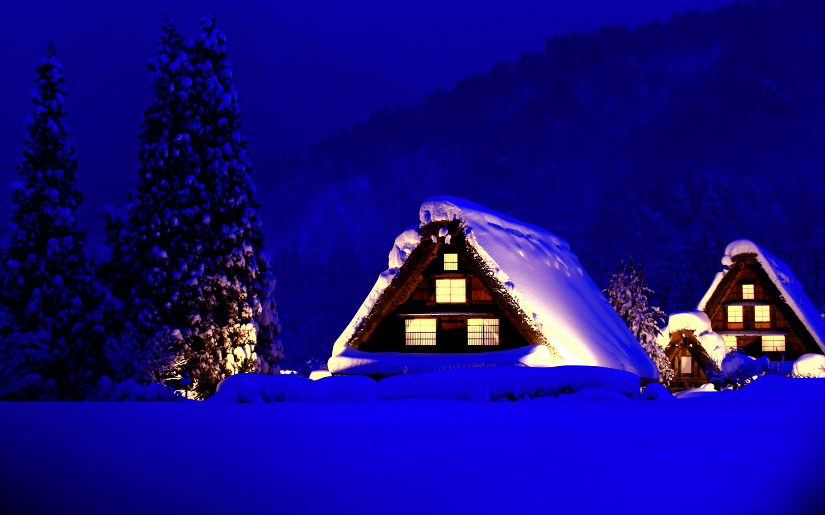 домики, горы, свет, дома, деревья, ели, снег, зима
