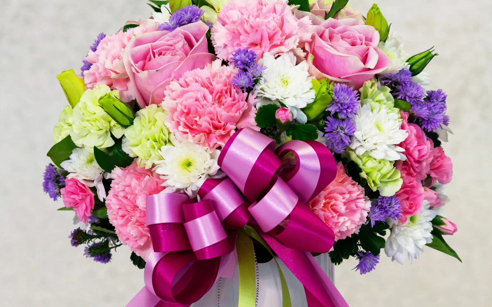 ouquets, oses, воздики, стры, ризантемы, розы, бант, букет