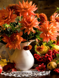 ваза, цветы, георгины, букет, яблоки, груши, рябина, натюрморт, яблоко, груша, фрукт, листья