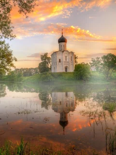 церковь, водоем, крест, вера, озеро, восход, лето, вода