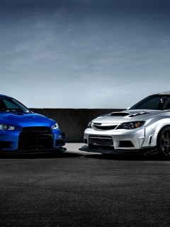 10, x, impreza, mitsubishi, lancer, evolution, blue, front, silvery, subaru, sti, race car