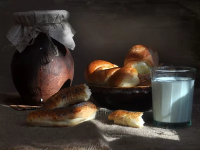 горшок, булочки, молоко, пирожки, еда, напиток, кувшин, стакан, завтрак, еда, баранка, мак