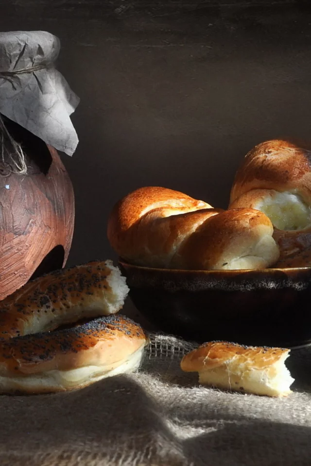 горшок, булочки, молоко, пирожки, еда, напиток, кувшин, стакан, завтрак, еда, баранка, мак
