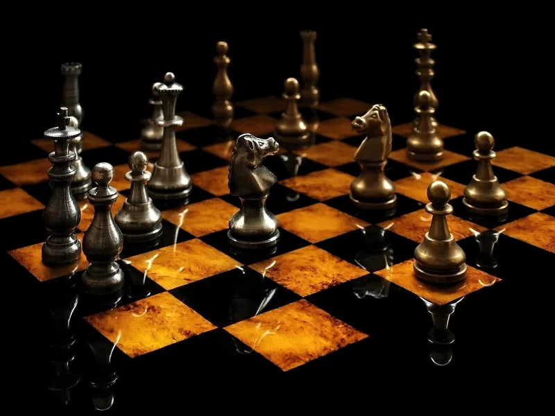 игра, шахматы, доска, фигуры, конь, пешка, отражение, свет, ферзь, король