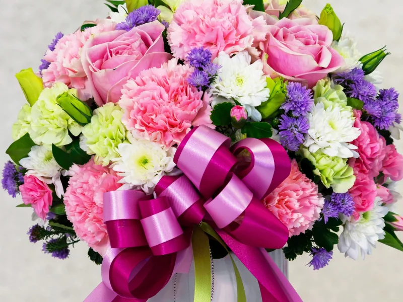 ouquets, oses, воздики, стры, ризантемы, розы, бант, букет