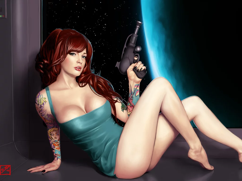 abe in space, девушка, космос, оружие, бластер, арт, татуировки, тесное, платье